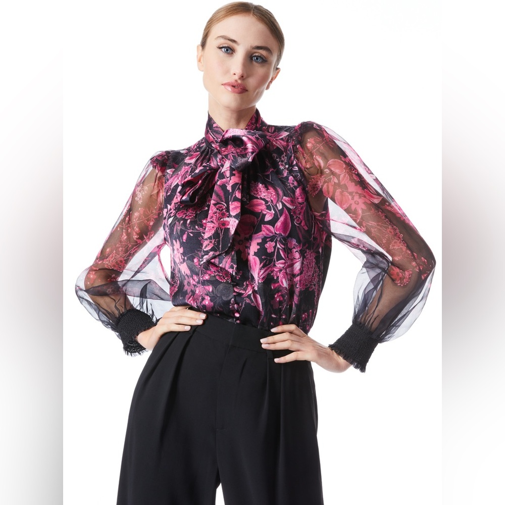 NWT $440 Alice Olivia Brentley Tie-Neck Blouson-Sleeve Blouse